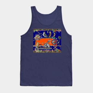 WEIRD MEDIEVAL BESTIARY MAKING MUSIC, Three Owls And Night Concert of Rabbits in Orange Blue Tank Top